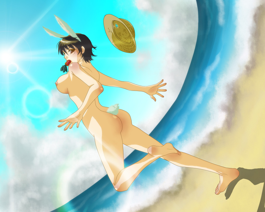 1girls ass barefoot beach black_hair breasts brown_eyes bunny bunny_ears bunny_tail carrot feet female female_only genderswap_(mtf) hat highres lagomorph legs luffyko monkey_d_luffy nipples nude one_piece raimonkisuke rule_63 running sand scar short_hair sky solo straight_hair straw_hat sun tail water