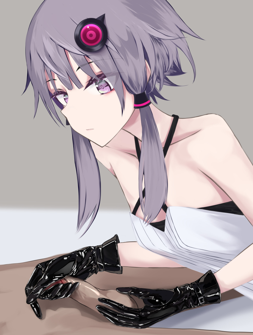 1boy 1girls black_gloves dark-skinned_male dark_skin gloved_handjob gloves hair_ornament handjob light-skinned_female light_skin looking_at_penis onakinkamesan purple_eyes serious small_breasts small_penis voiceroid yuzuki_yukari