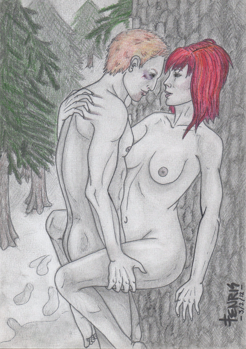 1boy 1girls 2012 alistair_theirin areolae blonde_hair breasts dragon_age dragon_age_origins eye_contact fenrisdesolar forest grey_warden male/female nipples nude nude_female nude_male outdoor_sex outdoors red_hair sex tagme tree