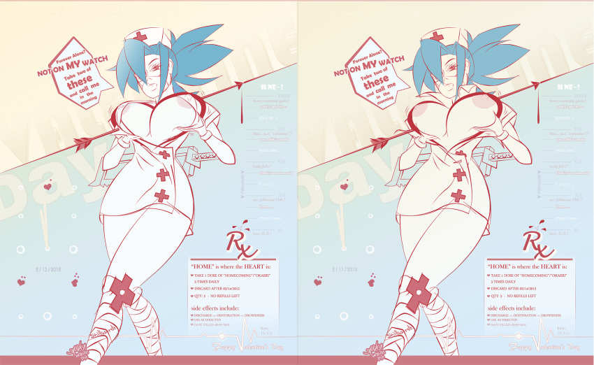 +_+ 1girls areola_slip bandage bandaged_leg bandaged_legs bandages big_boobs big_breasts blue_hair bonesaw boobies breasts cleavage cross-shaped_pupils cross_pupils curvy erect_nipples exposed_breasts eyepatch facemask gloves highres large_breasts latex_gloves melee_weapon missing_eye ninja nipples nurse nurse_cap nurse_hat nurse_uniform pale pale-skinned_female pale_skin red_eyes skillustrate skullgirls surgical_gloves surgical_mask tagme text_bubble tied_hair tits valentine_(skullgirls) variant_set visible_nipples weapon white_clothing white_gloves