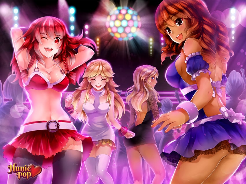 accurate_art_style audrey_belrose blonde_hair dancing female huniepop jessie_maye lola_rembrite party red_hair thighhighs tiffany_maye