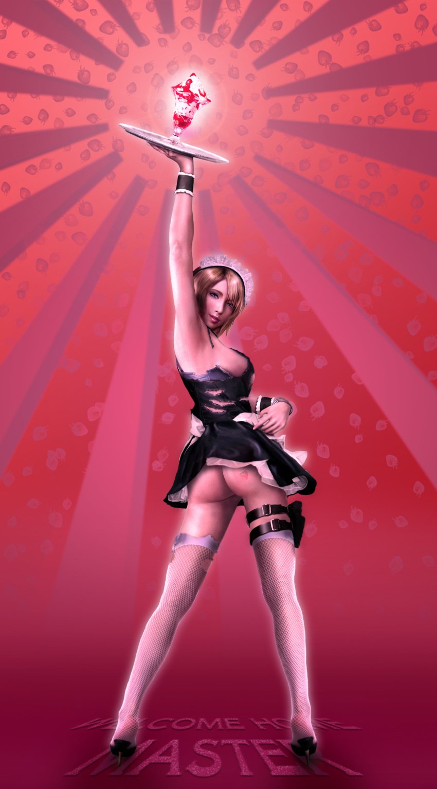 ass aya_brea maid parasite_eve parasite_eve_the_3rd_birthday parfait pink_background strawberry tagme torn_clothes