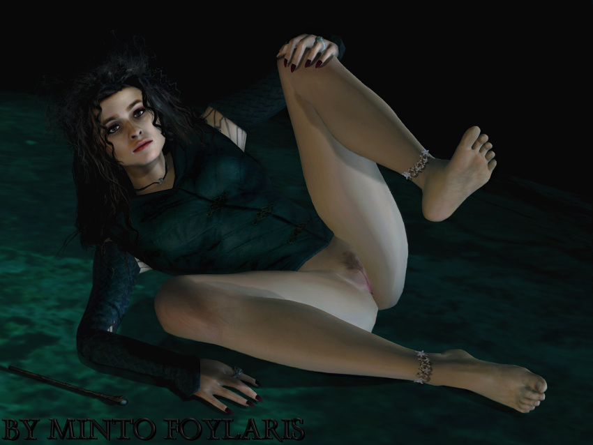 1girls 3d ankle_bracelets barefoot bellatrix_lestrange black_hair bottomless female female_only harry_potter helena_bonham_carter long_hair looking_at_viewer mintofoularis nail_polish nipples on_floor on_side pinup pubic_hair ring solo spread_legs uncensored xnalara