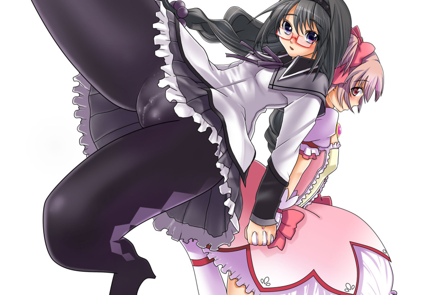 2girls akemi_homura argyl_legwear female glasses human madoka_kaname magical_girl mahou_shoujo_madoka_magica multiple_girls panties pantyhose short_twintails soul_gem tied_hair twin_braids twintails