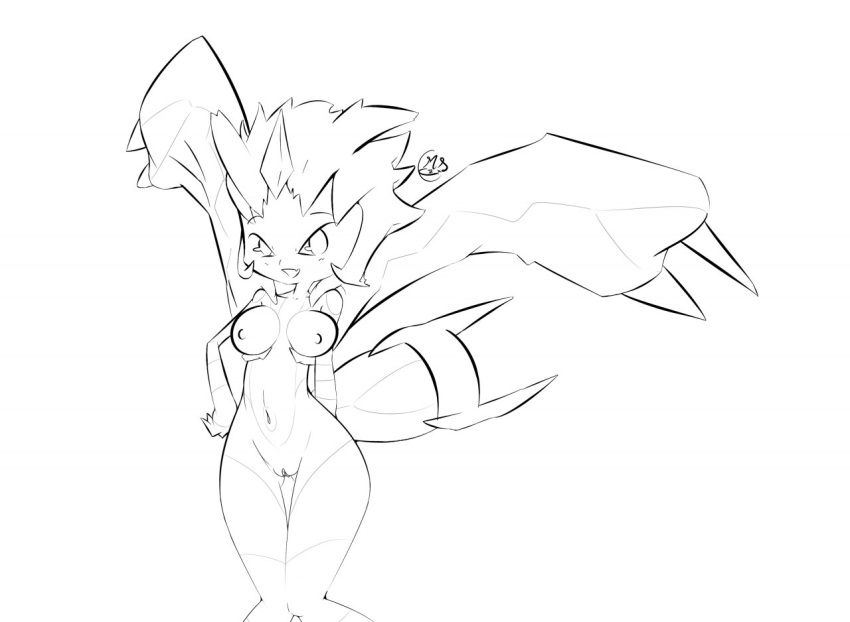 anthro breasts female female_only front_view kyurem monochrome nipples nude pokemon pokemon_bw solo standing tagme vulva