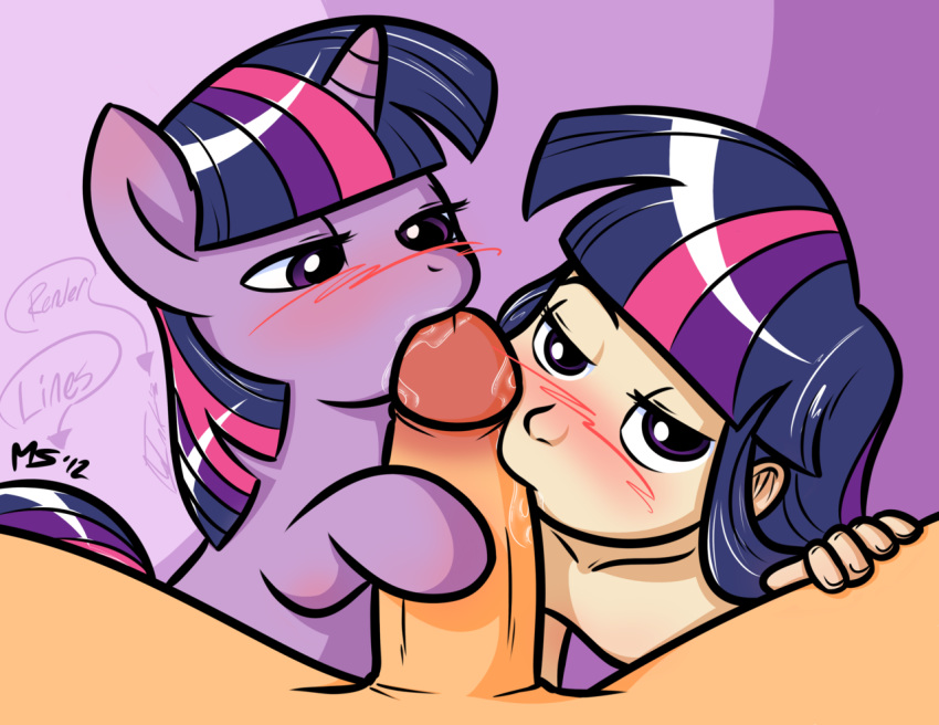 1boy 2girls blush collaborative_fellatio cute double_fellatio fellatio friendship_is_magic human humanized megasweet multiple_fellatio multiple_girls my_little_pony no-ink oral penis pony straight_hair twilight_sparkle_(mlp) uncensored