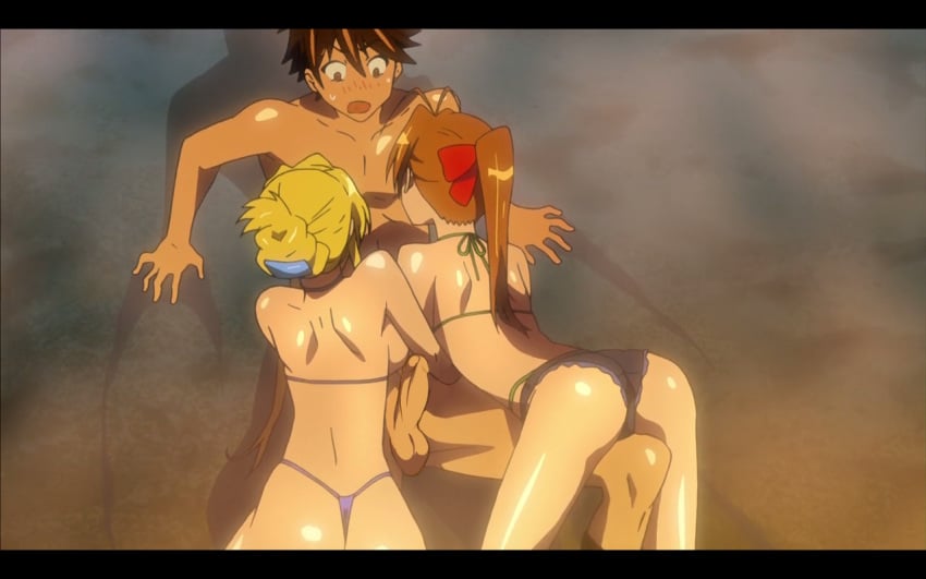 1boy 2girls accurate_art_style bikini ffm_threesome highschool_of_the_dead nude nude_male nude_male_clothed_female rei_miyamoto screencap screenshot screenshot_edit shizuka_marikawa takashi_komuro thong threesome