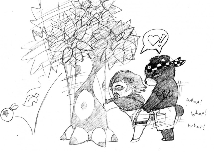 animal_crossing animal_crossing_girl anthro blush breasts clothed clothed_sex crossover doggy_style female_on_anthro from_behind illuminatii male monochrome nintendo penis pokemon small_breasts straight tree ursaring villager_(animal_crossing)