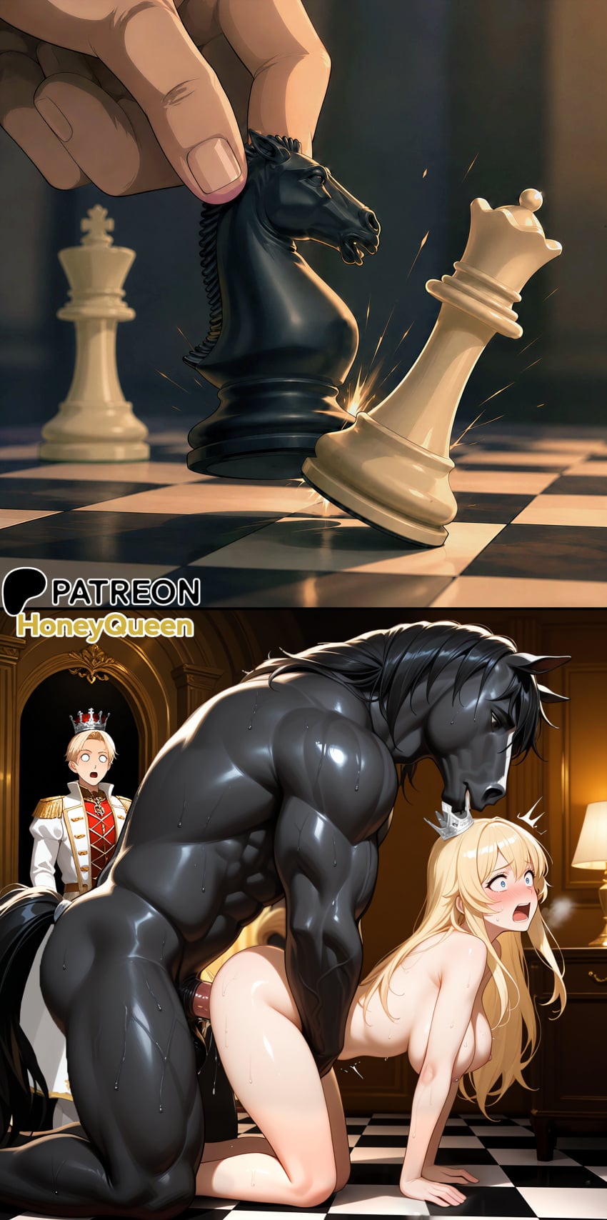 1boy 1girl abs ahe_gao ahegao ai_generated all_fours anthro anthro_dominating_human anthro_male anthro_male_on_human_female anthro_on_human anthro_penetrating anthro_penetrating_human big_breasts big_cock black_fur black_hair blonde_hair blue_eyes cheating cheating_wife chess chess_piece chessboard crown cuck cuckold cuckolding doggy_style equine explicit female female_penetrated from_behind fur furry furry_male furry_on_human honey_queen_studios horse horse_ears horse_on_female horse_penis horse_tail horsecock human human_female human_on_anthro human_penetrated indoors king king_(chess) knight_(chess) large_breasts large_penis light-skinned_female light_skin long_hair male male/female male_anthro/female_human male_penetrating_female mammal muscular muscular_anthro muscular_male naked nude nude_male oc on_floor on_the_floor open_mouth original_character palace penis pleasure_face pussy queen queen_(chess) sex sex_on_floor shiny_skin shocked_expression submissive_human sweat sweatdrop tail vaginal vaginal_penetration