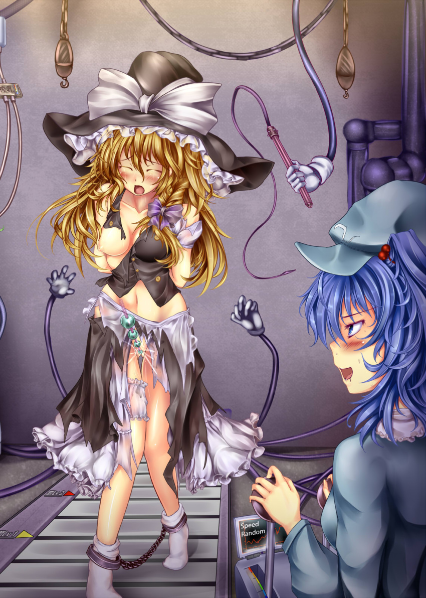 2girls bead_sex_machine beads black_legwear blonde_hair blue_eyes blush bondage bow braid breasts chains female femdom femsub footwear forced_orgasm hairbow highres human long_hair marisa_kirisame monikano multiple_girls nipples nitori_kawashiro rape rope_walking shackle short_hair silver_hair single_braid socks tear thighhighs tied_hair torn_clothes touhou treadmill twintails whip white_legwear