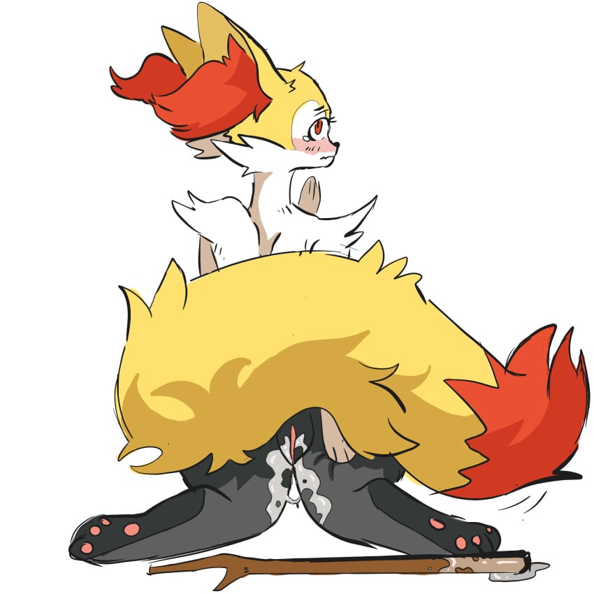 2018 black_nose blush bork braixen digital_media_(artwork) female fur furry hi_res inner_ear_fluff looking_at_viewer masturbation nintendo pokémon_(species) pokemon pokemon_(species) pussy pussy_juice red_eyes simple_background sitting solo tuft video_games wetness white_fur