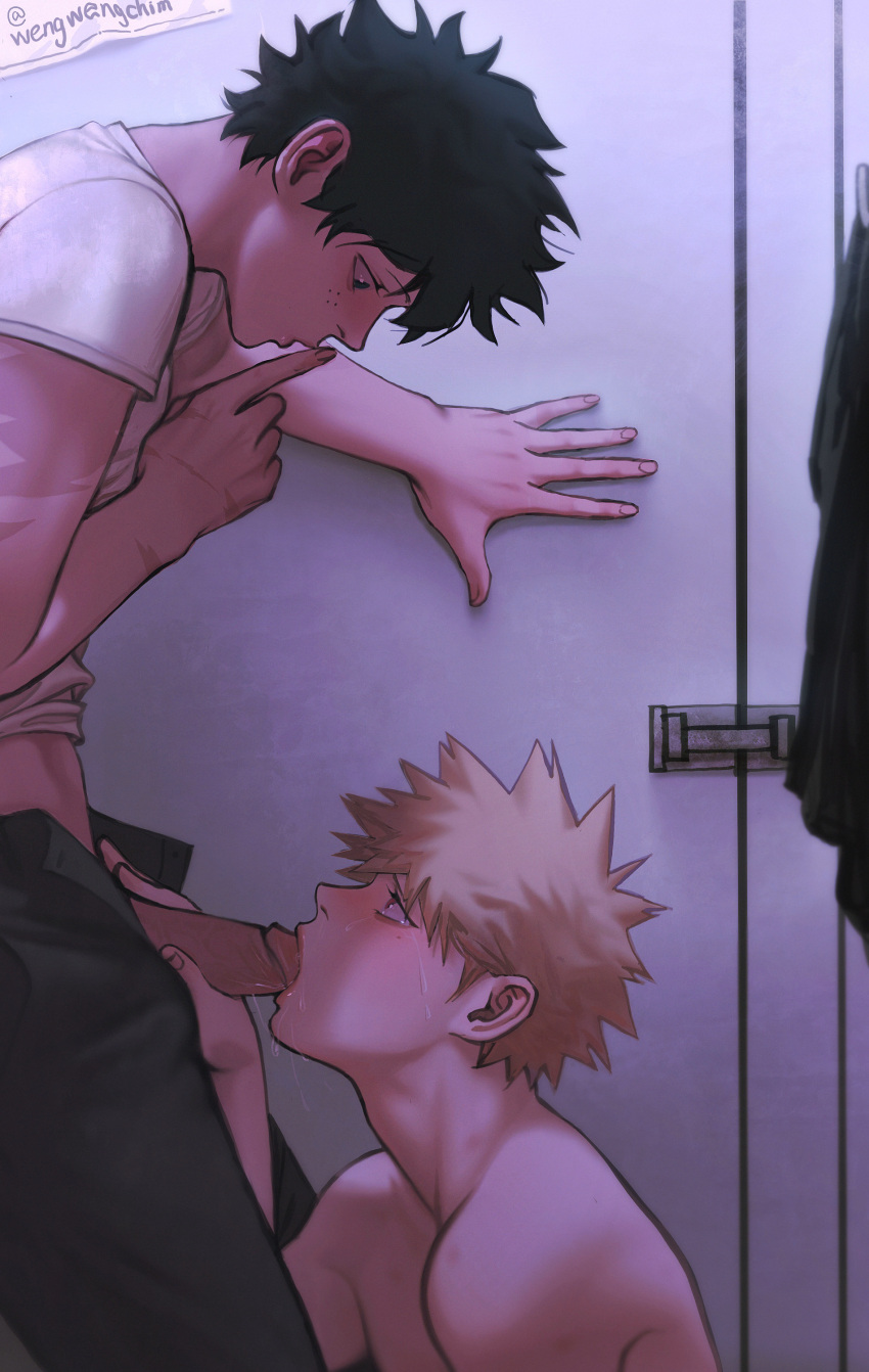 2boys absurdres artist_name black_pants blonde_hair blush fellatio finger_to_mouth freckles green_hair highres indoors izuku_midoriya jacket jacket_removed katsuki_bakugou looking_up male_focus multiple_boys my_hero_academia open_fly open_mouth oral pants penis saliva scar scar_on_arm shirt shirtless short_hair short_sleeves shushing spiked_hair tears uncensored wengwengchim yaoi