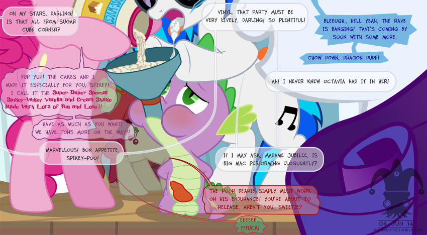 2014 animal_genitalia balls big_macintosh_(mlp) blargsnarf cherry_jubilee_(mlp) cum cum_drinking cum_in_mouth cum_inside cutie_mark equine erection eyewear female feral friendship_is_magic glasses horse mammal my_little_pony penis pinkie_pie_(mlp) rarity_(mlp) sex spike_(mlp) text vinyl_scratch_(mlp)