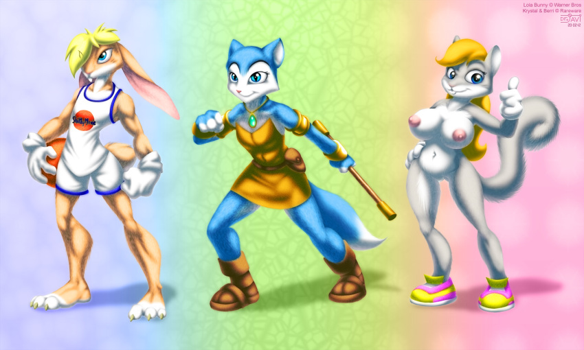 anthro ball barefoot basketball berri blonde_hair blue_eyes blue_fur boots breasts claws closed_mouth clothes color conker's_bad_fur_day crossover dinosaur_planet dr._javi female female_only footwear fox front_view fur furry furry_breasts furry_tail gloves grey_fur hair holding interspecies krystal_(dinosaur_planet) lola_bunny long_hair multiple_females navel nintendo nipples nude open_eyes orange_fur rabbit raised_tail rareware shoes smile space_jam squirrel staff standing tail thumbs_up white_fur