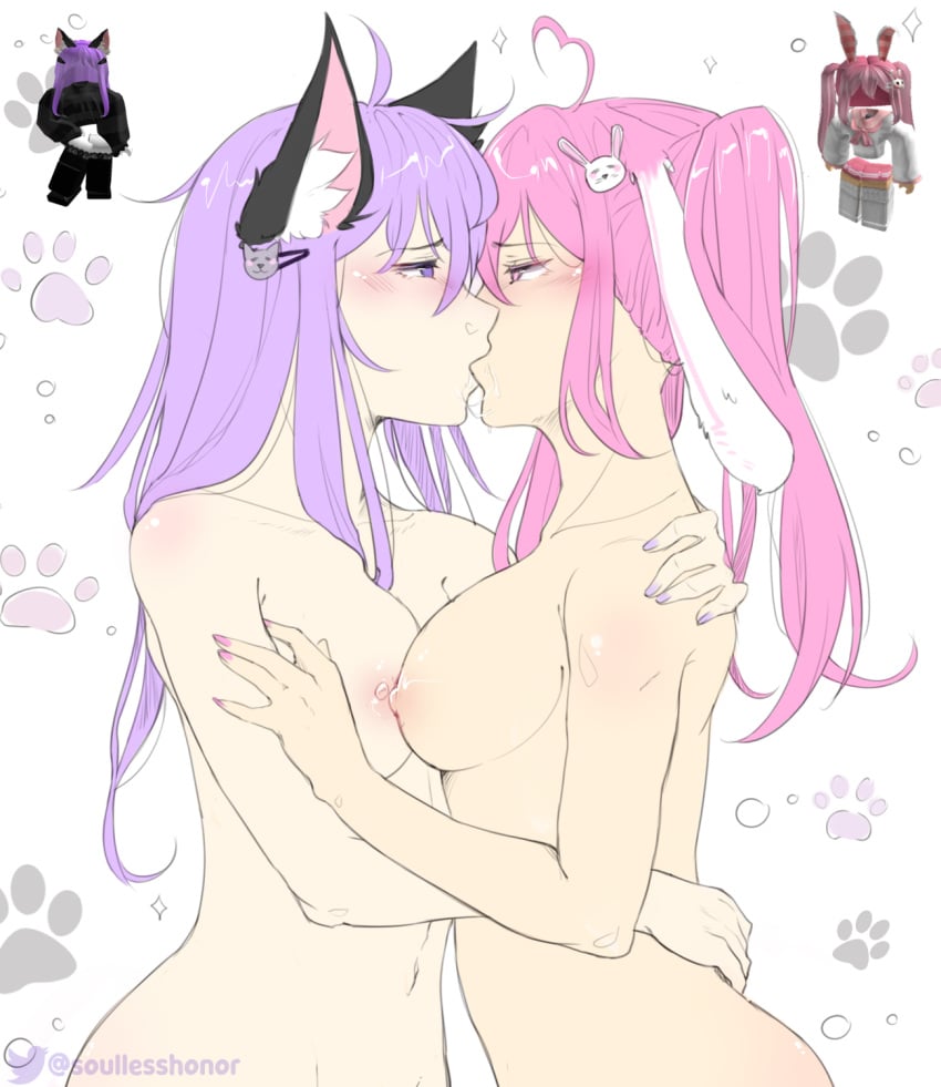 2girls blush breasts bunny_ears cat_ears female female_only heavypulse kissing lesbian multiple_girls naked pink_eyes pink_hair ponytail purple_eyes purple_hair reference_image roblox roblox_avatar robloxian self_upload tagme twitter_username yuri