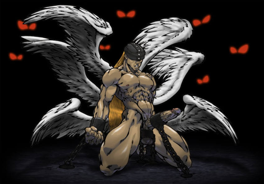 angemon bound color digimon front_view glowing_eyes kneeling male male_only muscles nude solo tagme wings