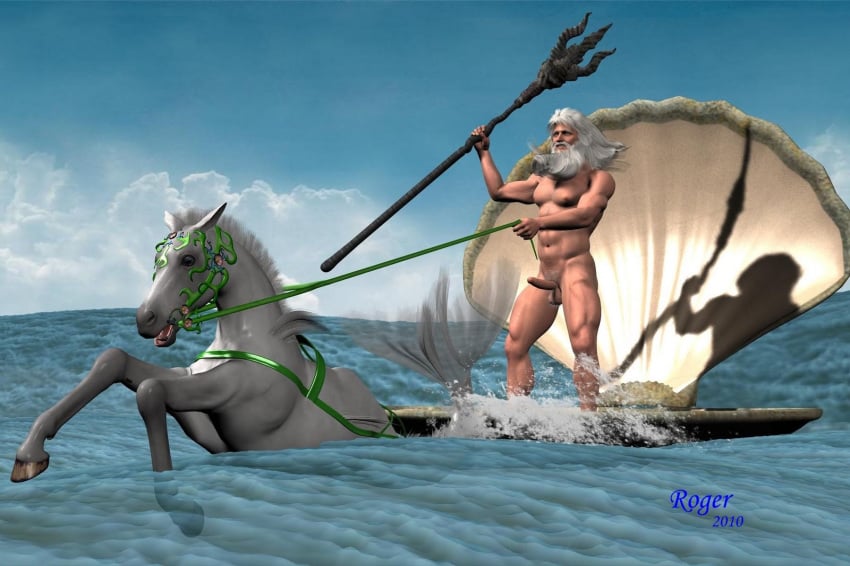 3d 3d_(artwork) beard erection greek_mythology hippocampus male male_only mythology nude ocean poseidon pubes pubic_hair reins white_hair