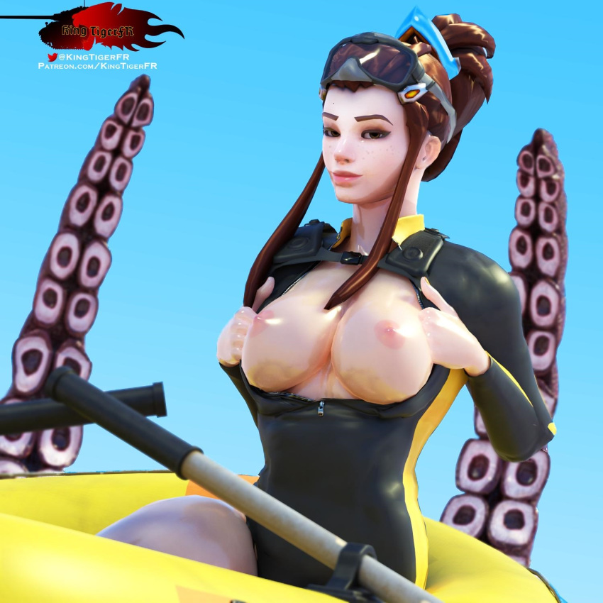 1girls 3d areolae breasts brigitte brown_eyes brown_hair female female_only kingtigerfr overwatch solo tentacle wet