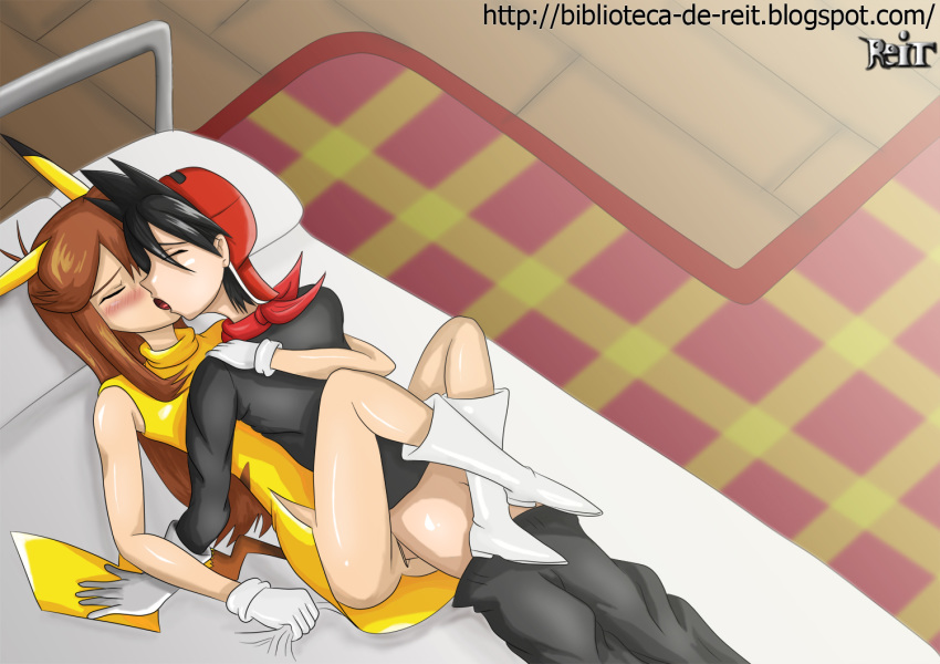 1boy 1girls bed bedroom black_hair boots brown_hair closed_eyes clothed clothed_sex clothing cosplay flat_heel_boots green_(pokemon) indoors laying_on_bed leaf_(pokemon) mating_press missionary_position nintendo pikachu pikachu_(cosplay) pokemon pokemon_(cosplay) pokemon_adventures pokemon_rgby red red_(pokemon) reit sex sheet_grab straight