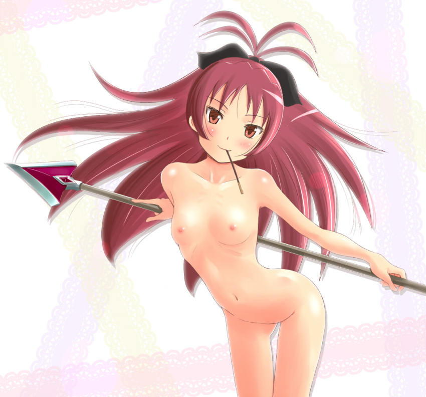 1girls blush bow breasts female hairbow leaning_forward long_hair mahou_shoujo_madoka_magica mouth_hold navel nipples nude pocky polearm ponytail red_eyes red_hair sakura_kyouko shuuji_(shumi) small_breasts smile solo spear thighs tied_hair weapon