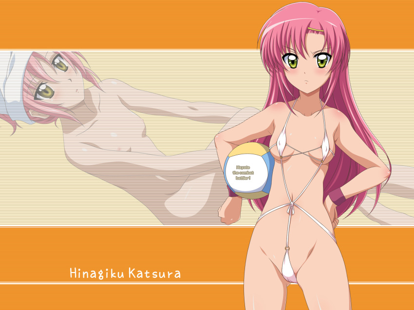 ball beach_ball bikini blush breasts clothes hair hair_held_back hayate_no_gotoku! highres katsura_hinagiku long_hair micro_bikini nipples nude pink_hair sling_bikini string_bikini swimsuit wallpaper