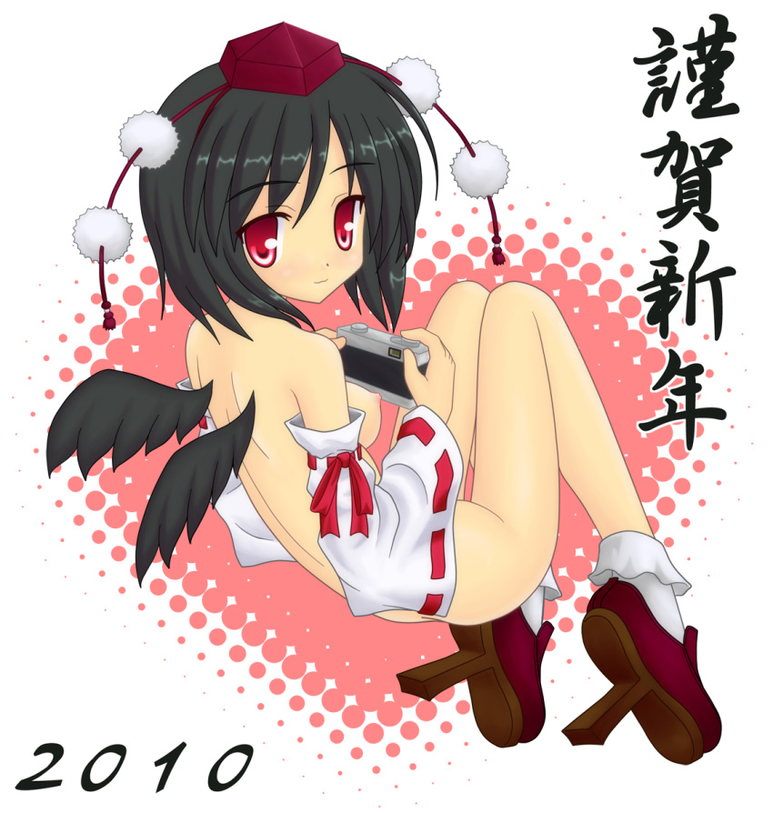 breasts detached_sleeves footwear geta hat highres nipples noveske_n4 nude red_eyes shameimaru_aya short_hair socks tengu-geta tokin_hat touhou