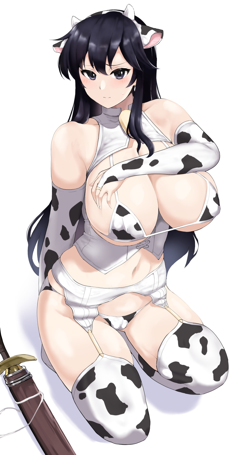 1girls alternate_breast_size alternate_costume ayra_(fire_emblem) black_hair blush bra cow_ears cow_girl cow_horns cow_print fire_emblem fire_emblem:_genealogy_of_the_holy_war garter_belt garter_straps lingerie looking_at_viewer nintendo panties sasa_akamegane sleeves sword thighhighs year_of_the_ox