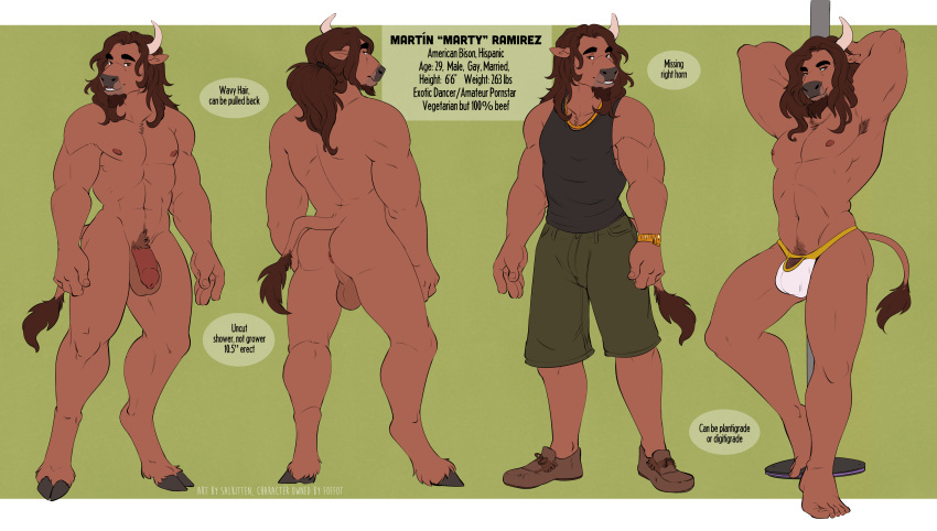 absurd_res anthro anus ass backsack balls bara bison bottomwear bovid bovine brown_body brown_fur brown_hair bulge clothed clothing cloven_hooves curved_horn english_text flaccid foreskin fully_clothed fur furry genitals hair hands_behind_head hi_res hooves horn jockstrap male male_only mammal model_sheet muscular muscular_anthro muscular_male nude penis salkitten shirt shorts solo tail_tuft tank_top text topwear tuft uncut underwear underwear_only