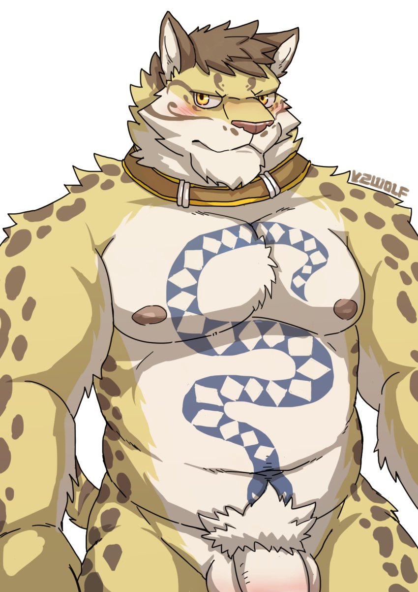 anthro balls biceps blush clouded_leopard felid flaccid fur half-length_portrait leopard likulau looking_at_viewer male male_only mammal musclegut muscular muscular_male nekojishi nipples nude pantherine pecs penis penis_base portrait pubes simple_background slightly_chubby solo standing tattoo v2wolf white_fur yellow_eyes yellow_fur