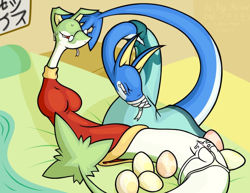 anthro breasts color covered_breasts egg_laying female flygon_(artist) pokemon roy_mccloud serperior unknown_gender vulva