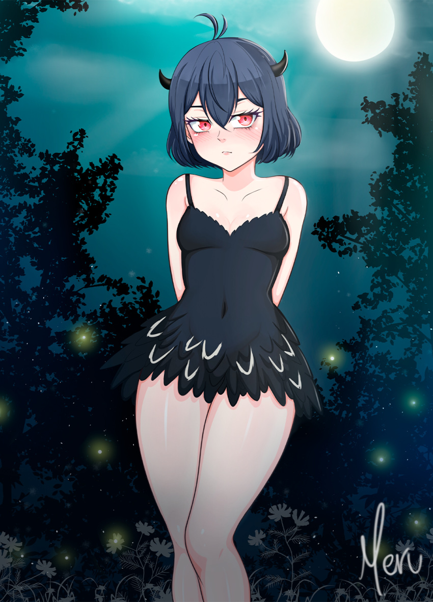 1girls arms_behind_back black_clothing black_clover black_dress black_hair blush forest full_moon horns hourglass_figure long_legs looking_at_viewer meru_rumi moon nature night red_eyes secre_swallowtail short_hair small_breasts thick_thighs thighs watermark