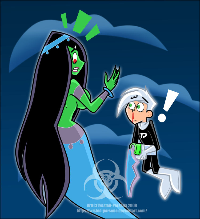 1boy 1girls 2009 arabian arabian_clothes breasts danny_fenton danny_phantom desiree female green_skin harem_outfit male tagme topless twisted-persona wardrobe_malfunction