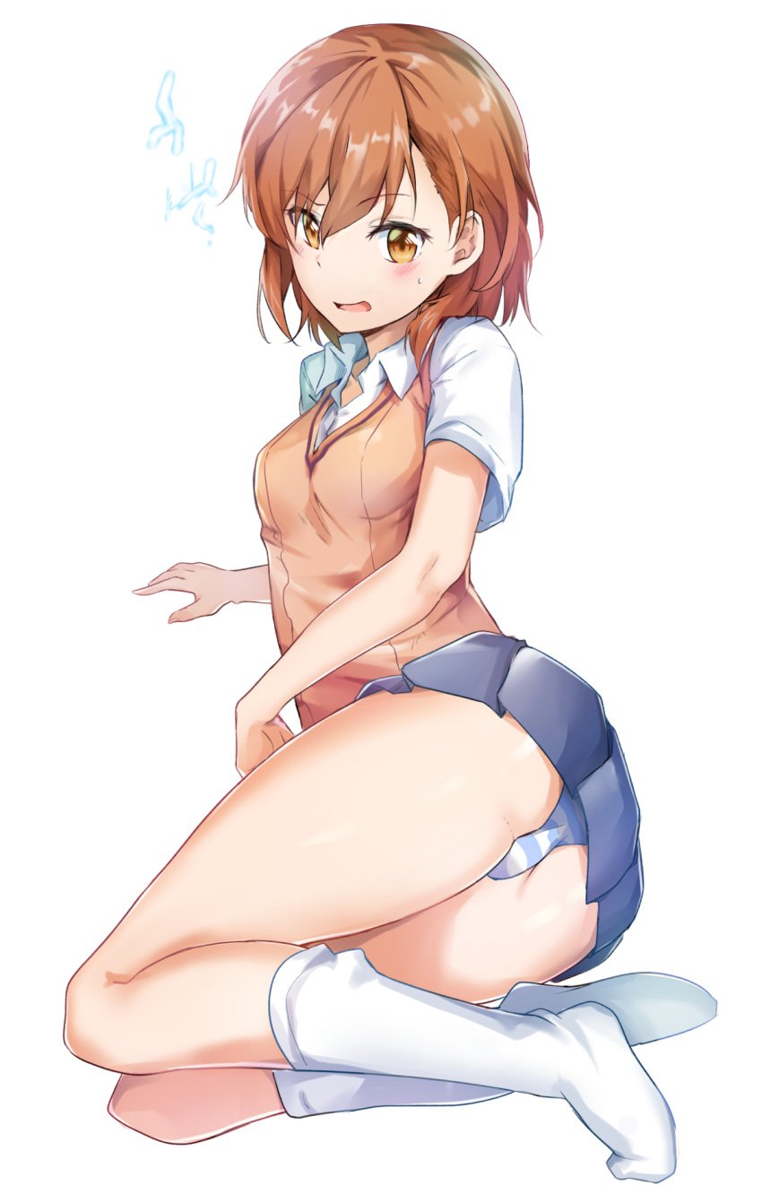 10s 1girls 2018 ass bad_anatomy bangs biribiri black_skirt blue_panties blush brown_eyes brown_hair collared_shirt dress_shirt electricity electrokinesis full_body hair_ornament hi_res kneehighs looking_at_viewer loose_socks misaka_mikoto open_mouth panties pantyshot pleated_skirt raised_eyebrow school_uniform schoolgirl shirt short_sleeves sitting skirt socks solo striped striped_panties sunhyun sweatdrop sweater_vest teenage_girl teenager thick_thighs thighs to_aru_kagaku_no_railgun to_aru_majutsu_no_index tokiwadai_school_uniform underwear upskirt v-neck white_background white_shirt white_socks yokozuwari young