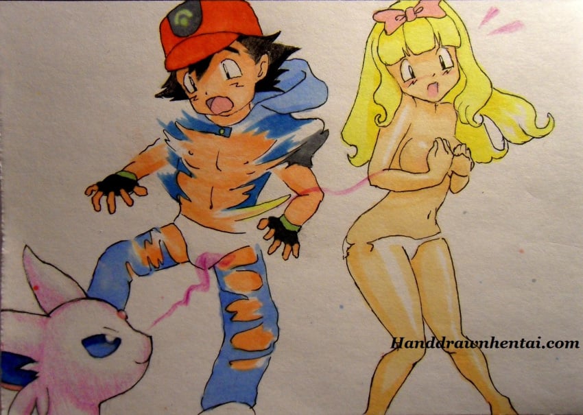 ash_ketchum ashley_(pokemon) blonde_hair bow breasts clothing eeveelution espeon handdrawnhentai nintendo no_bra panties pokemon pokemon_(species) rule_63 transformation