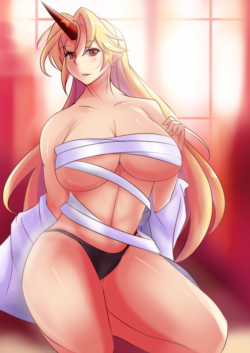 alto-kun altronage bandage black_panties blonde_hair breasts female horn hoshiguma_yuugi kneeling large_breasts long_hair navel panties parted_lips pointy_ears sarashi smile solo touhou underboob underwear undressing