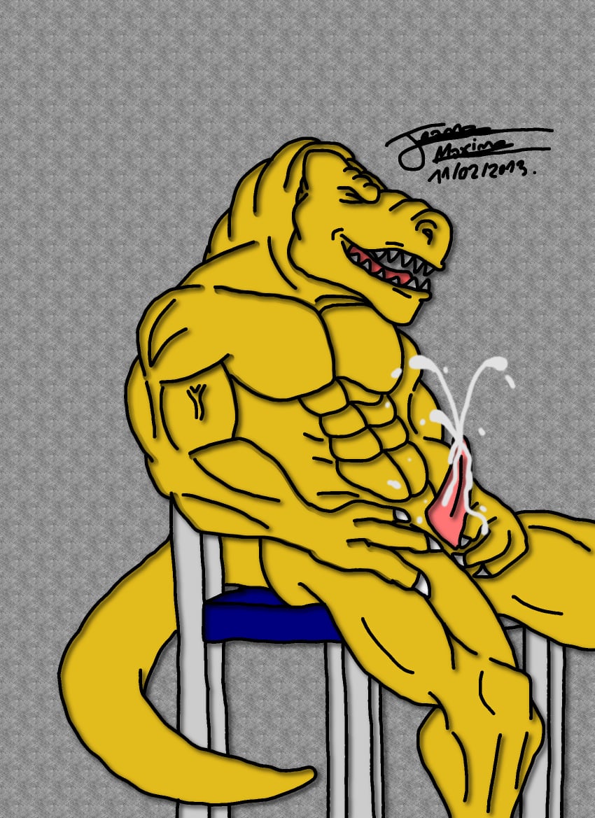 2013 abs anthro biceps cum dinosaur erection extreme_dinosaurs furry male male_only maxime-jeanne muscles no_humans nude penis pose reptile scalie sex solo t-bone_(extreme_dinosaurs) tyrannosaurus_rex