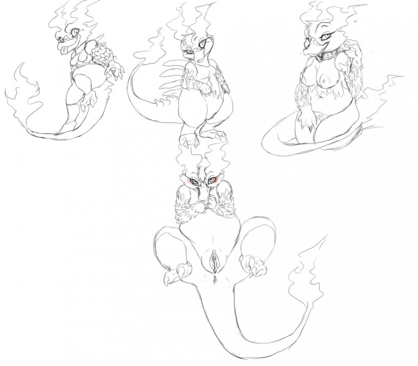 breasts color female female_only feral fire magmar nipples nude partially_colored pokemon solo tagme tail tail_fire