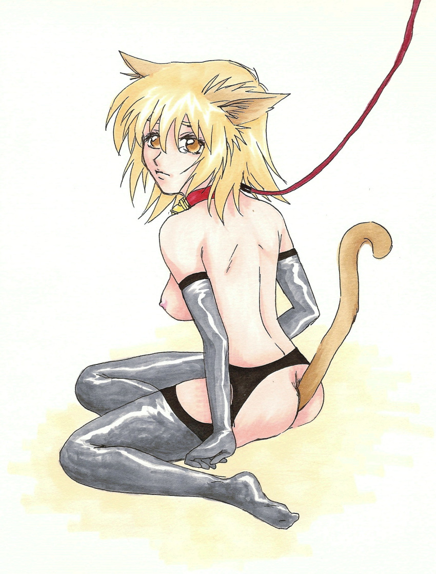 animal_ears bell black_legwear blonde_hair cagalli_yula_athha collar gundam gundam_seed leash tagme tail yellow_eyes