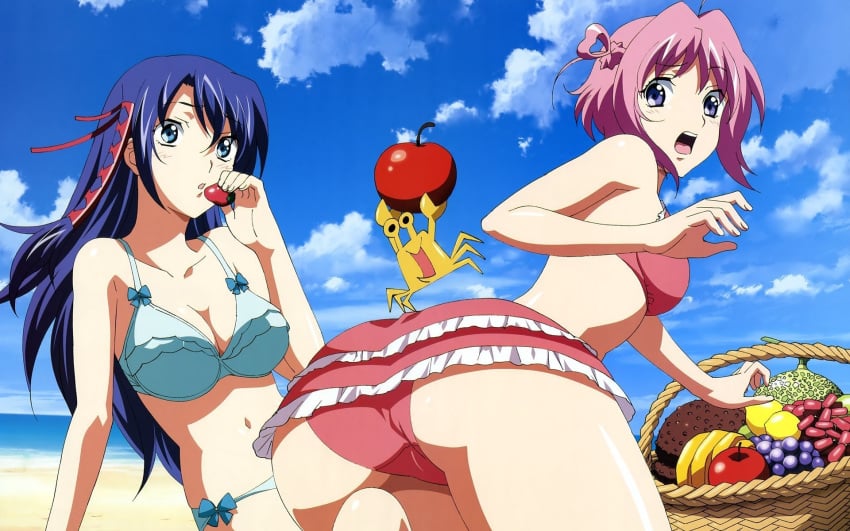 2girls :d ascoeur bikini blue_bikini blue_eyes breasts female highres human kiddy_girl-and kiddy_grade multiple_girls pink_hair purple_eyes purple_hair q-feuille red_bikini swimsuit