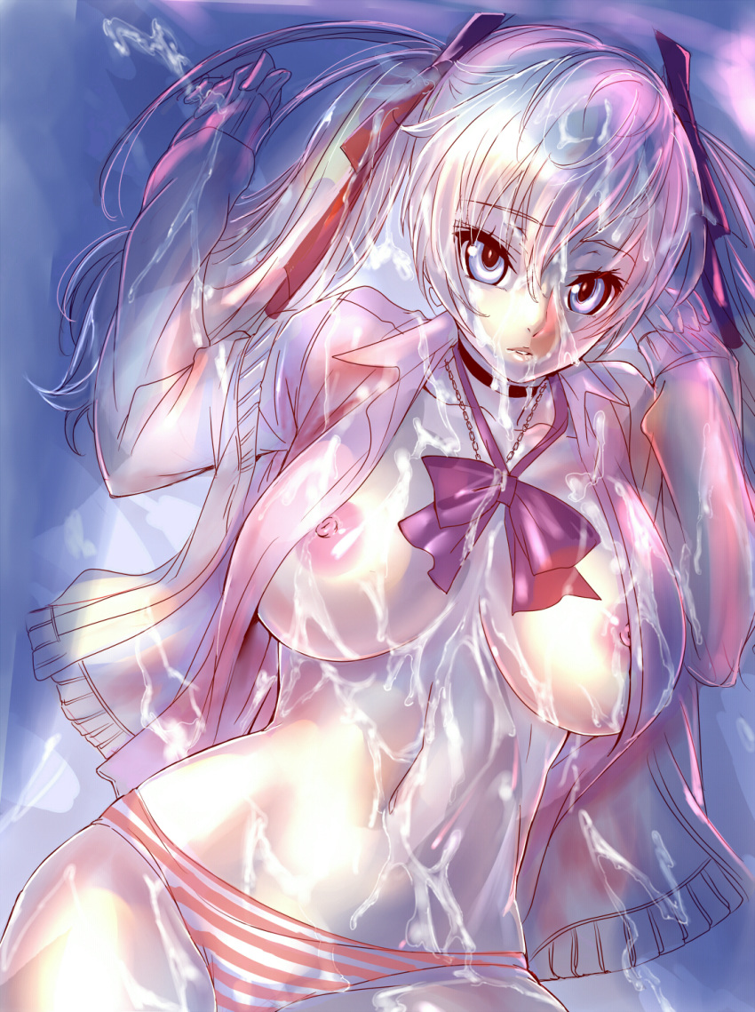 1girls blue_eyes breasts bukkake chains choker cum cum_on_body cum_on_breasts cum_on_upper_body dodai_shouji female hair_ribbon highres navel nipples open_clothes open_jacket original panties parted_lips ribbon silver_hair solo striped striped_panties tied_hair twintails underwear