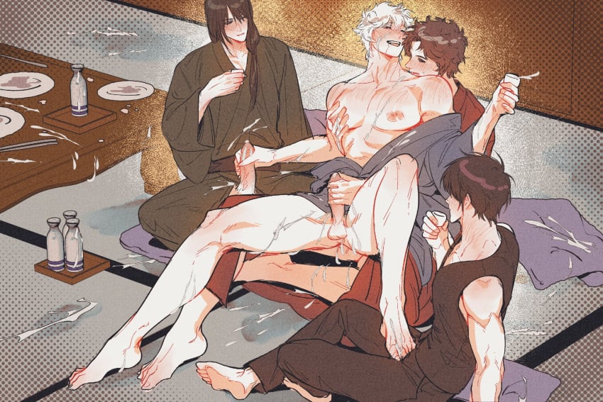 4boys aged_down alcohol anal anal_sex black_hair blush brown_hair cum cum_everywhere drunk earthnattapat erection footjob foursome from_behind full-face_blush full_body gay gintama gintoki_sakata group_sex handjob handjob_while_penetrated handjob_while_penetrating japanese_clothes joui_4 katsura_kotarou kimono long_hair long_hair_male male male_only mmmm_foursome muscular muscular_male pale-skinned_male pale_skin pec_grab penis reach_around reverse_upright_straddle sakamoto_tatsuma sake sitting sitting_on_lap sitting_on_person smile spread_legs takasugi_shinsuke uncensored white_hair yaoi