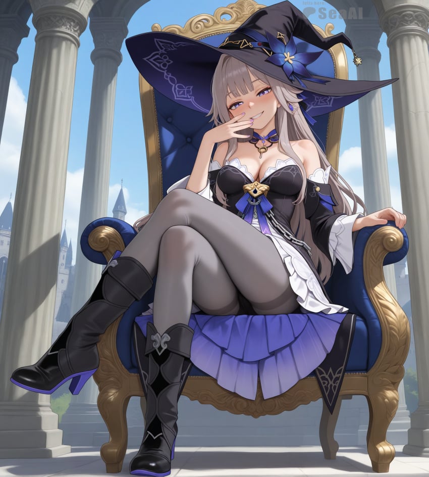 1girl ai_generated boots cleavage dress full_body hat herta_(honkai:_star_rail) honkai:_star_rail honkai_(series) medium_breasts pantyhose seacreator seductive seductive_look seductive_smile solo the_herta_(honkai:_star_rail)