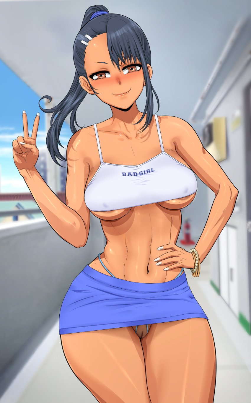 1girl aged_up ass big_ass big_breasts big_thighs black_hair blush breasts brown_eyes crop_top crotchless_panties female female_focus female_only hayase_nagatoro huge_ass huge_thighs krabby_(artist) looking_at_viewer no_bra no_panties please_don't_bully_me,_nagatoro ponytail pussy skirt smile smiling smiling_at_viewer tagme tan tan_body tan_skin tanned thick_thighs thighs