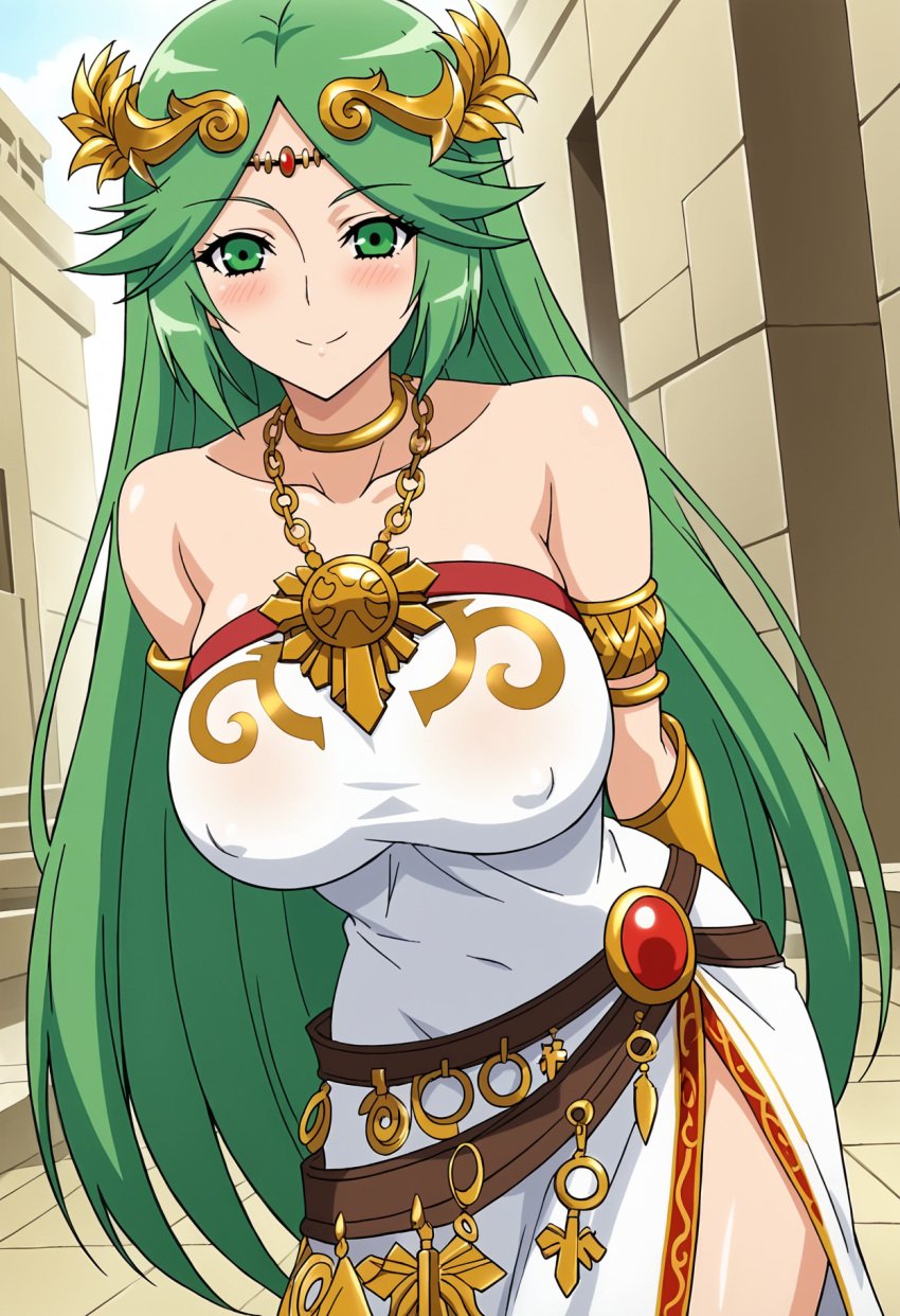 1girl accurate_art_style ai_generated androidparanoid big_breasts clothed green_eyes green_hair kid_icarus long_hair necklace nintendo palutena pin_up