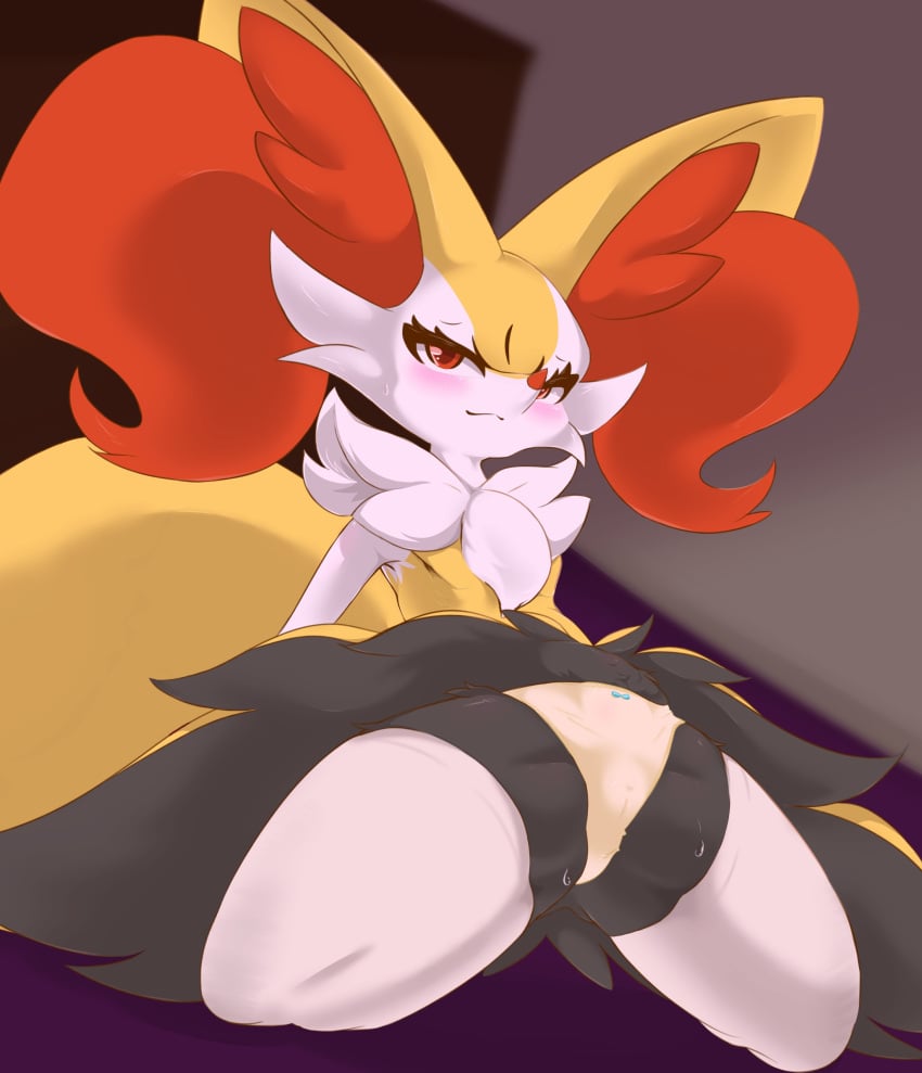 absurd_res anthro blush bow_panties bow_underwear braixen canid canine chest_tuft clothed clothing digital_drawing_(artwork) digital_media_(artwork) ear_tuft eyelashes female flat_chested fluffy fluffy_tail fox front_view fur generation_6_pokemon hi_res huge_ears kneeling legwear looking_at_viewer mammal multicolored_body multicolored_fur nintendo oshiri_hakase panties pokemon pokemon_(species) red_body red_eyes red_fur red_nose shaded smile smiling_at_viewer snout solo spread_legs spreading stockings tail thick_thighs topless tuft underwear white_body white_clothing white_fur white_legwear white_panties white_stockings white_underwear yellow_body yellow_fur