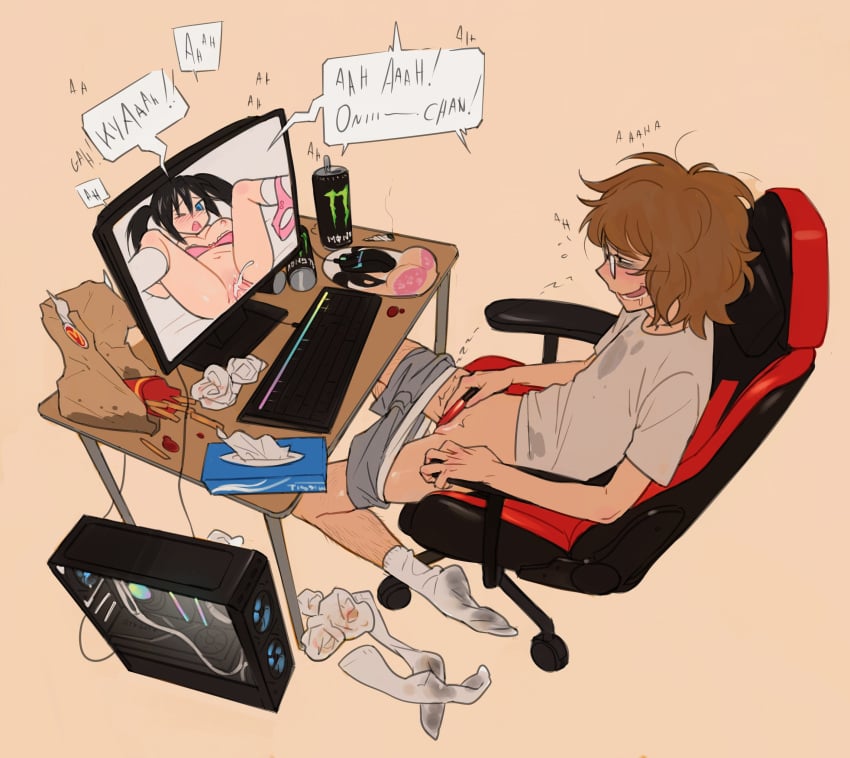 1boy 1girls bags_under_eyes black_hair blue_eyes brown_eyes brown_hair computer cum_in_pussy cuntboy drooling glasses intersex lacryboy leg_hair masturbation monster_energy_can oppai_mouse_pad original_character pornography smile trash vibrator watching_porn