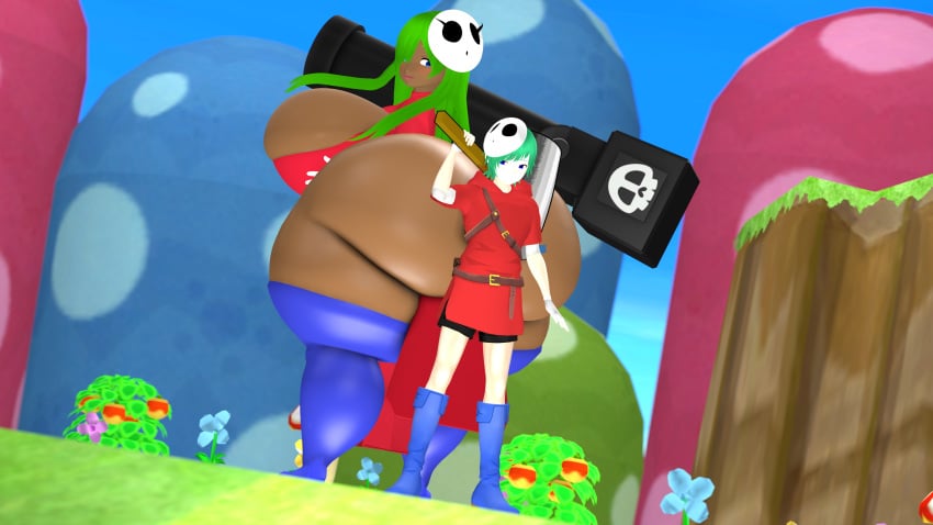 1boy 1girl allstarman ass belt belt_buckle blue_eyes breasts dark-skinned_female dark_skin female female_only green_hair hammer hips hyper hyper_ass hyper_breasts large_ass large_breasts larger_female looking_at_another looking_back male male_only mario_(series) nintendo rocket_launcher rule_63 shorts shy_gal shy_guy shy_guy_mask sideboob smaller_male source_filmmaker super_mario_bros. thick_thighs thigh_boots thighs wide_hips