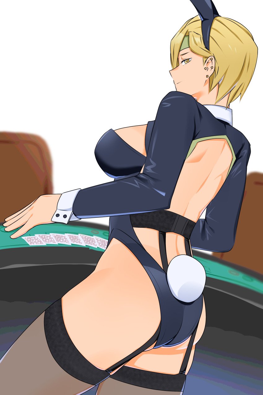 ass blonde_hair breasts bunny_ears bunny_girl bunnysuit casino casino_dealer garter_straps large_ass large_breasts lingerie my_hero_academia playing_card ryuugu ryuukyuu short_hair tatsuma_ryuuko thick_thighs thighhighs yellow_eyes