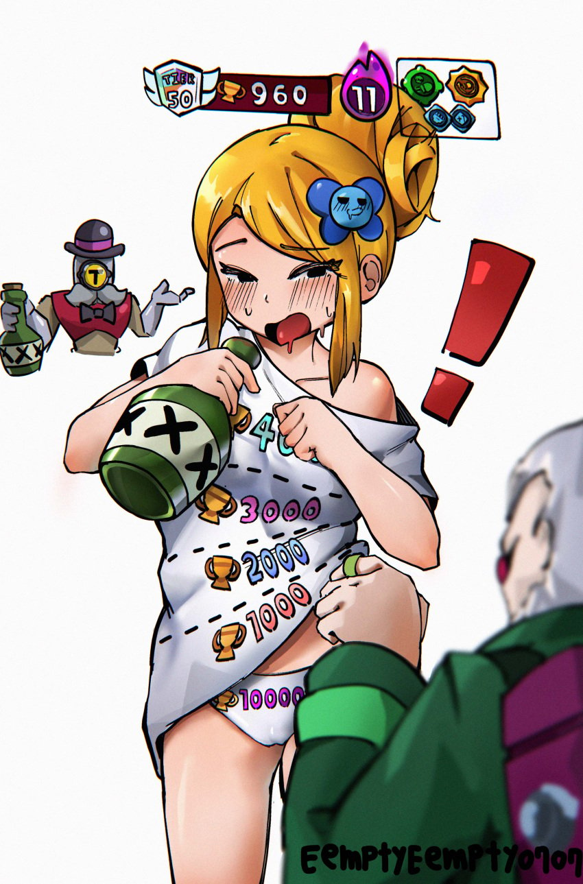 ! 1girls barley_(brawl_stars) blonde_female blonde_hair blush bottle brawl_stars byron_(brawl_stars) clothes_lift cut-here_line emptyempty0707 female hair_bun hairpin medium_hair panties piper_(brawl_stars) shirt shirt_lift single_bare_shoulder smile t-shirt trophy twitter_strip_game_(meme) white_background white_t-shirt