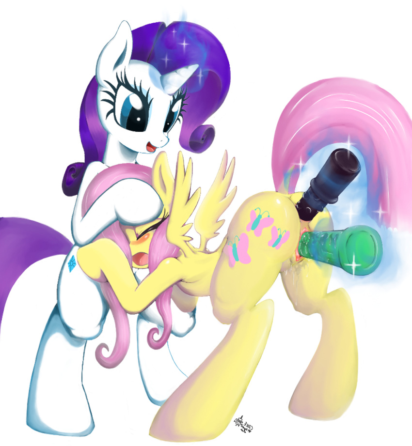 2013 anal anal_insertion anal_sex anus blue_eyes cutie_mark duo equine female feral fluttershy_(mlp) friendship_is_magic hair horn horse insertion magic my_little_pony pegasus penetration pink_hair plain_background pony purple_hair pussy rarity_(mlp) ricocake sex_toy unicorn vaginal_insertion vaginal_penetration white_background white_fur wings yellow_fur yuri